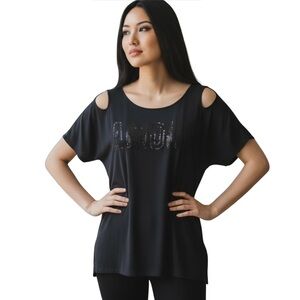 JUICY COUTURE M Navy Soft Jersey Tee Cut Outs Amore Black Sequins R $59